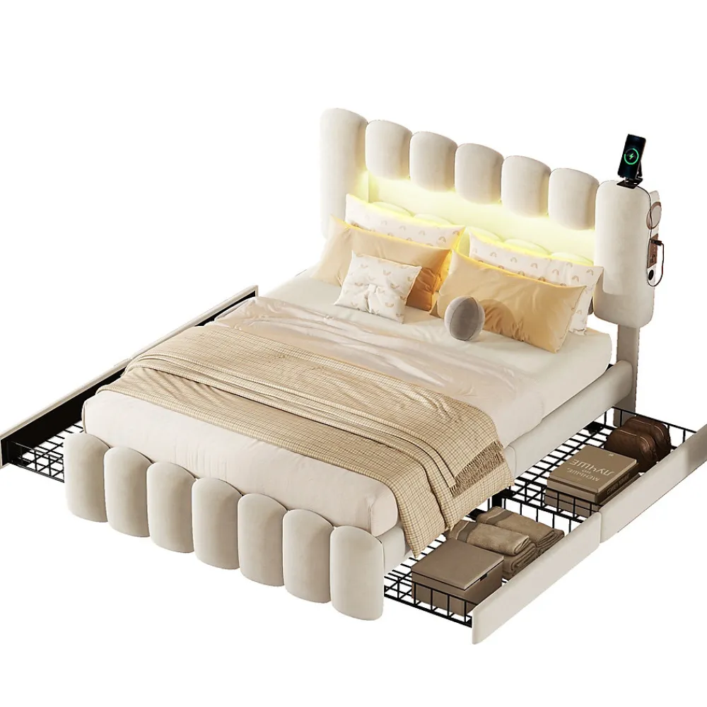 Lit avec Rangement 140 x 200 cm - Lit Capitonné Beige avec 4 Tiroirs et LED - Velours + MDF - Sans Matelas>Okwish Hot