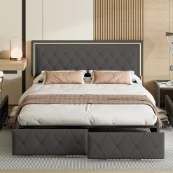 Lit avec Rangement avec éclairage LED, PU Cuir 4 Tiroirs Lit Capitonné avec sommier Gris, 140X200CM><noscript><img width=
