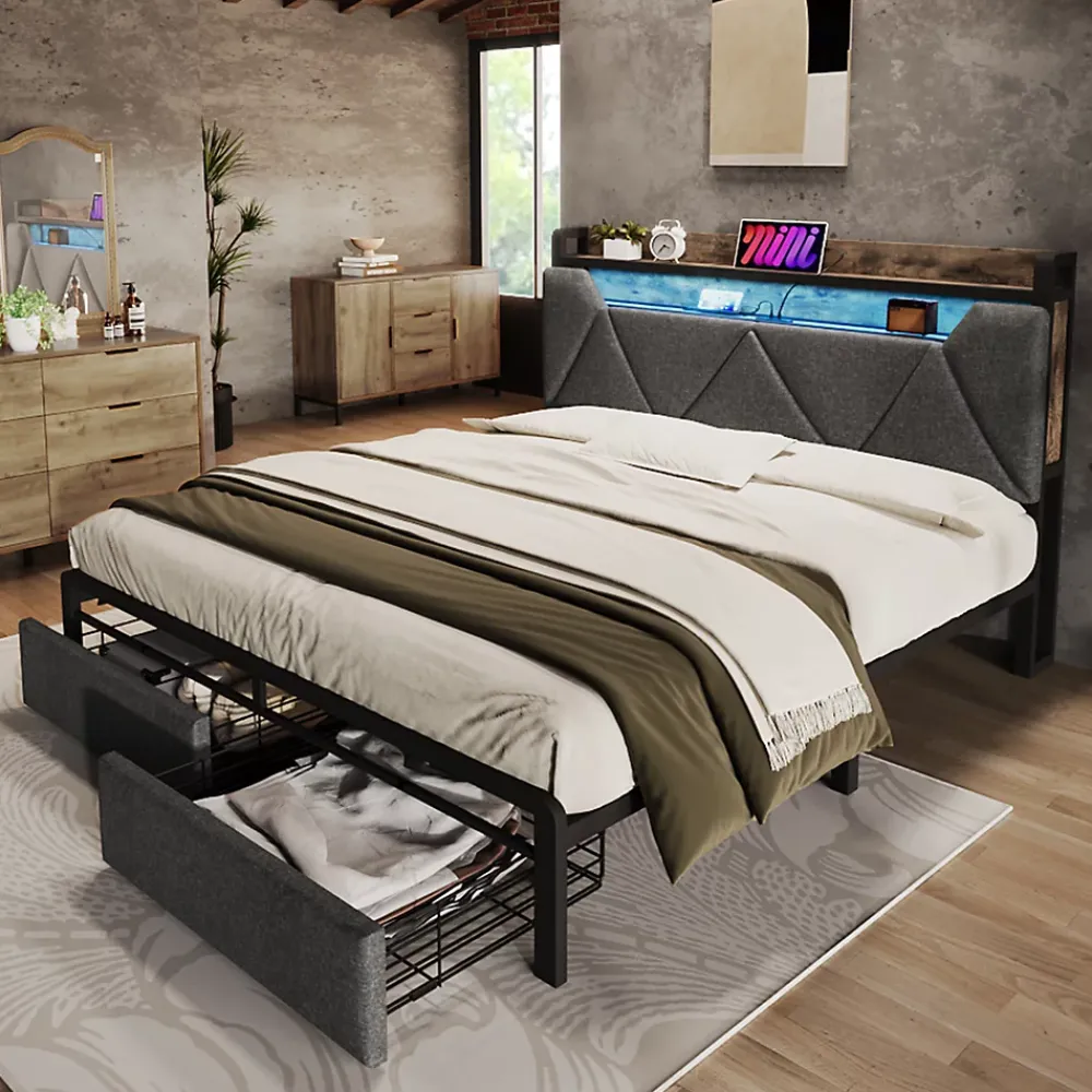 Okwish Lit avec rangement 140x200 - Lit double avec fonction USB Type C et tiroirs - Lin - Matelas Inclus - Gris* Ensemble Sommier Et Matelas