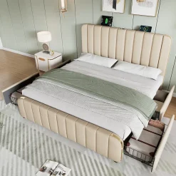 Okwish Lit avec rangement 140x200 - Lit double rembourré avec fonction USB Type-C et 4 tiroirs - Lin - Sans Matelas - Beige* Ensemble Sommier Et Matelas