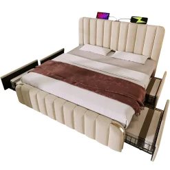 Okwish Lit avec rangement 140x200 - Lit double rembourré avec fonction USB Type-C et 4 tiroirs - Lin - Sans Matelas - Beige* Ensemble Sommier Et Matelas
