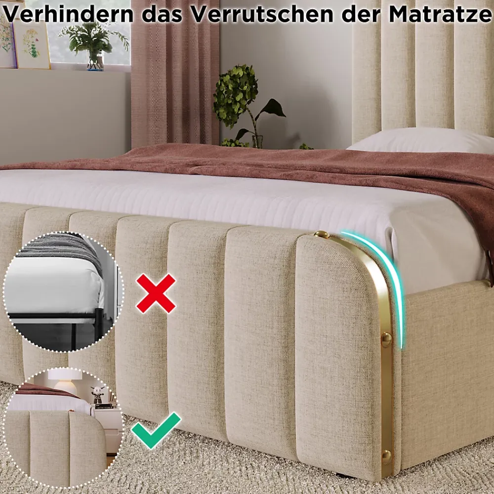 Okwish Lit avec rangement 140x200 - Lit double rembourré avec fonction USB Type-C et 4 tiroirs - Lin - Sans Matelas - Beige* Ensemble Sommier Et Matelas
