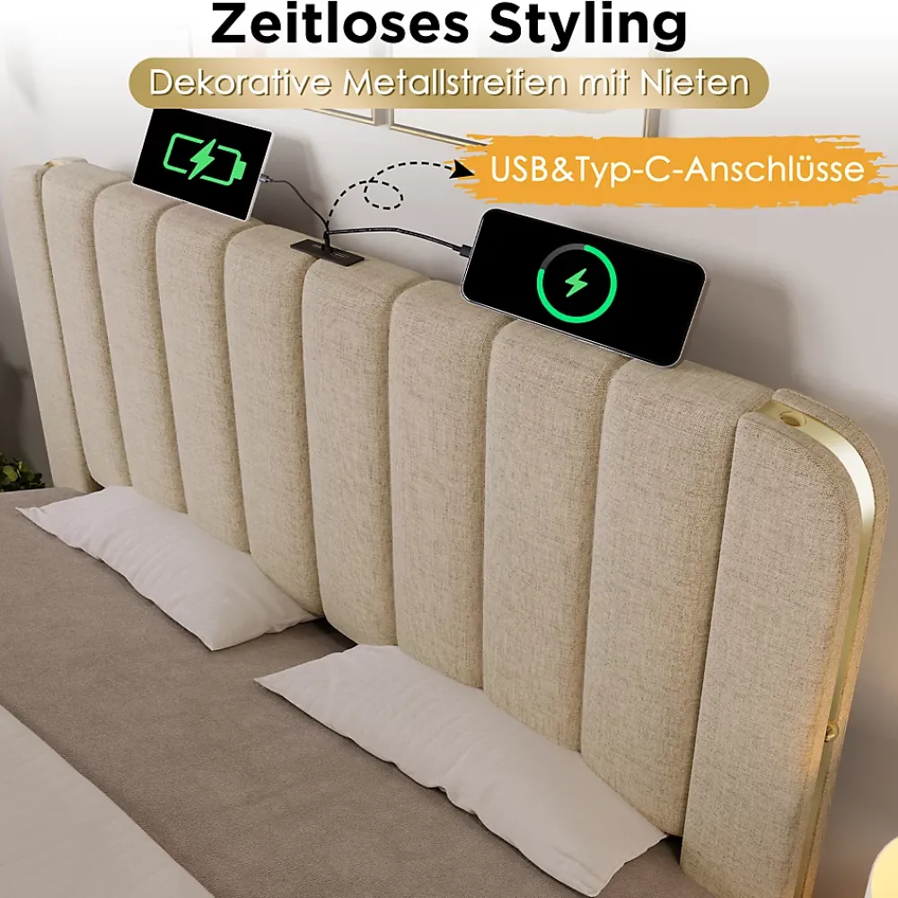 Okwish Lit avec rangement 140x200 - Lit double rembourré avec fonction USB Type-C et 4 tiroirs - Lin - Sans Matelas - Beige* Ensemble Sommier Et Matelas