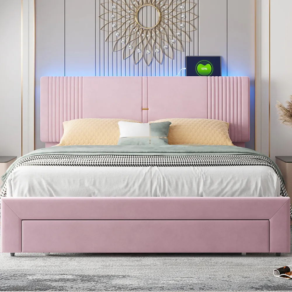 Okwish Lit avec Rangement 160x200 cm - Lit Capitonné Double Adulte avec Bande Lumineuse, Port USB et Tiroir - Rose* Lit Avec Rangement