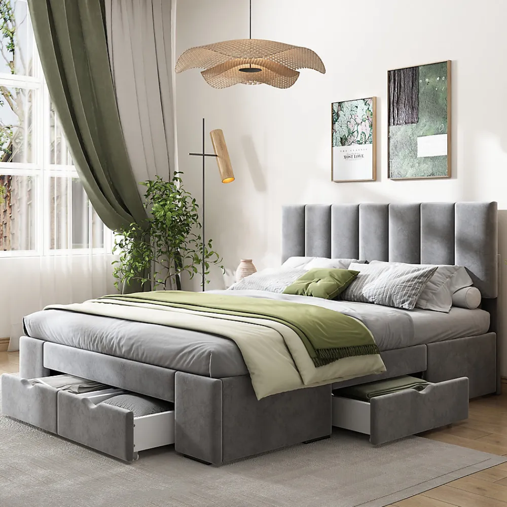 Lit avec rangement 140x200 cm - Lit Double Capitonné avec 4 Tiroirs - Velours - Sans Matelas - Gris>Okwish Sale