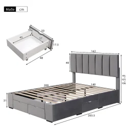 Lit avec rangement 140x200 cm - Lit Double Capitonné avec 4 Tiroirs - Velours - Sans Matelas - Gris><noscript><img width=