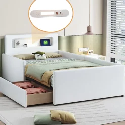 Okwish Lit avec rangement 90x200 cm - Lit enfant capitonné avec veilleuse et port USB - Similicuir - Sans matelas - Blanc* Lit Avec Rangement