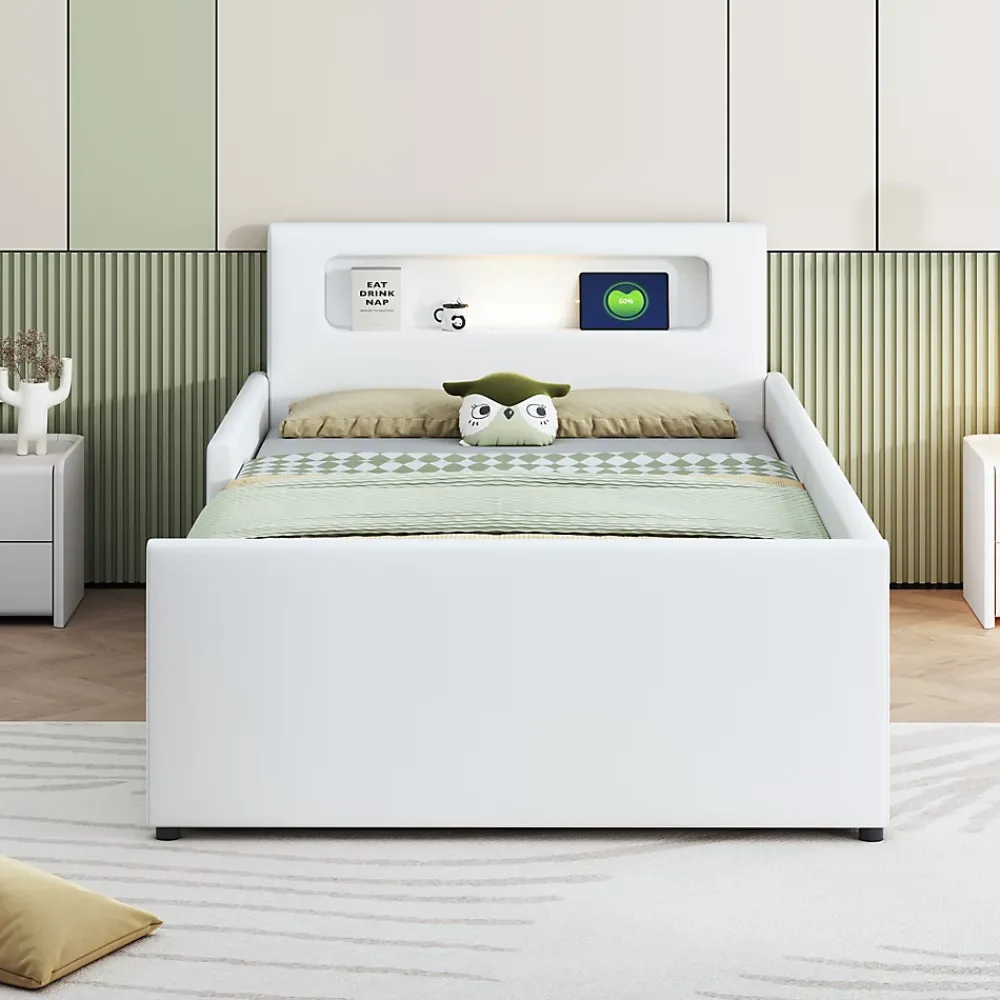 Okwish Lit avec rangement 90x200 cm - Lit enfant capitonné avec veilleuse et port USB - Similicuir - Sans matelas - Blanc* Lit Avec Rangement