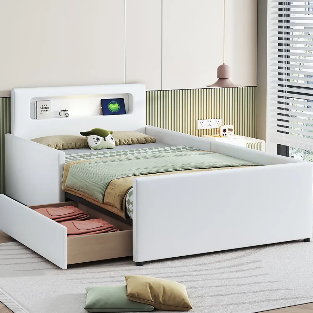 Okwish Lit avec rangement 90x200 cm - Lit enfant capitonné avec veilleuse et port USB - Similicuir - Sans matelas - Blanc* Lit Avec Rangement