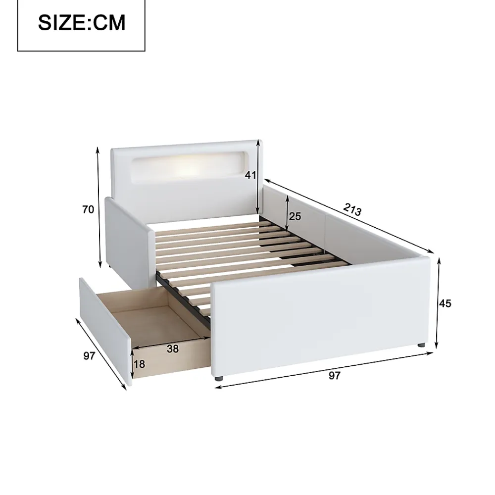 Okwish Lit avec rangement 90x200 cm - Lit enfant capitonné avec veilleuse et port USB - Similicuir - Sans matelas - Blanc* Lit Avec Rangement