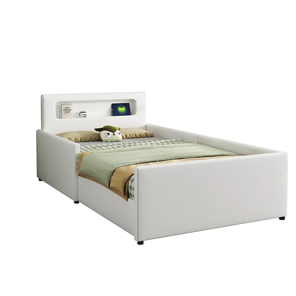 Okwish Lit avec rangement 90x200 cm - Lit enfant capitonné avec veilleuse et port USB - Similicuir - Sans matelas - Blanc* Lit Avec Rangement