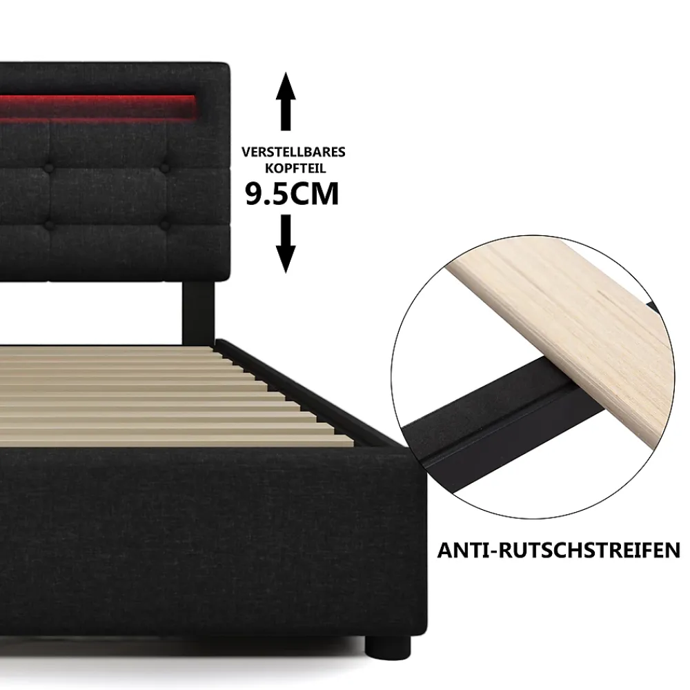 Okwish Lit avec rangement 90x200 cm - Lit simple capitonné avec LED et 2 tiroirs - Bois massif + Lin + Métal - Sans Matelas - Noir* Lit Avec Rangement