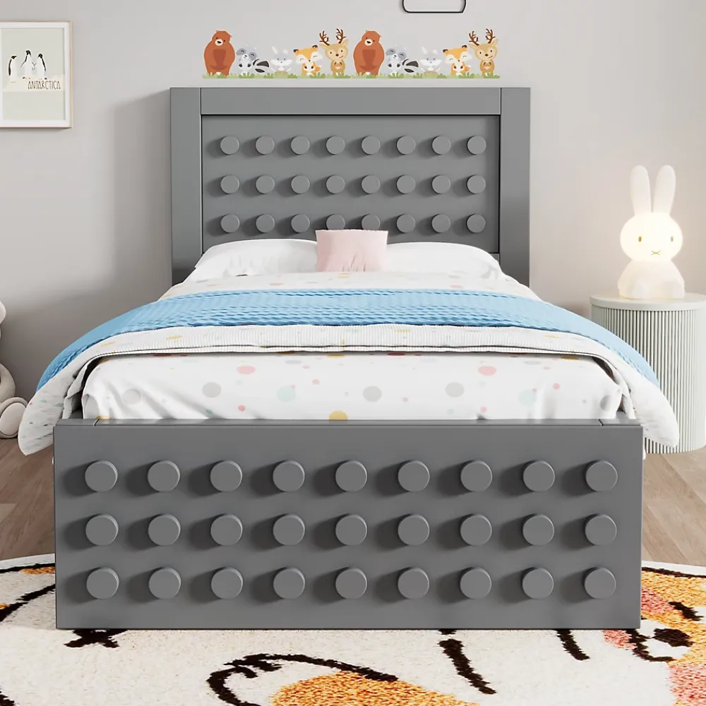 Okwish Lit avec rangement 90x200 cm - Lit simple avec tiroirs intégrés et design créatif - en MDF et bois massif - Gris - Sans matelas* Lit Avec Rangement
