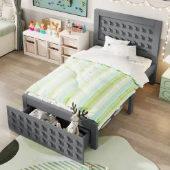 Okwish Lit avec rangement 90x200 cm - Lit simple avec tiroirs intégrés et design créatif - en MDF et bois massif - Gris - Sans matelas* Lit Avec Rangement