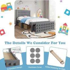 Okwish Lit avec rangement 90x200 cm - Lit simple avec tiroirs intégrés et design créatif - en MDF et bois massif - Gris - Sans matelas* Lit Avec Rangement