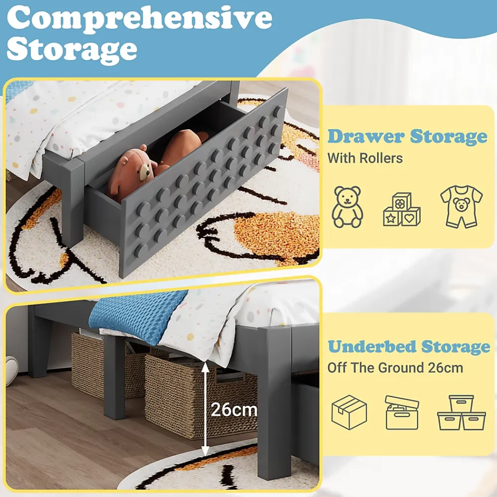 Okwish Lit avec rangement 90x200 cm - Lit simple avec tiroirs intégrés et design créatif - en MDF et bois massif - Gris - Sans matelas* Lit Avec Rangement