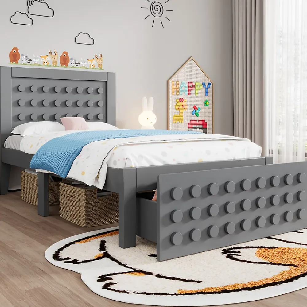 Okwish Lit avec rangement 90x200 cm - Lit simple avec tiroirs intégrés et design créatif - en MDF et bois massif - Gris - Sans matelas* Lit Avec Rangement