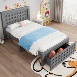 Okwish Lit avec rangement 90x200 cm - Lit simple avec tiroirs intégrés et design créatif - en MDF et bois massif - Gris - Sans matelas* Lit Avec Rangement