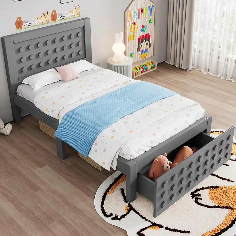 Okwish Lit avec rangement 90x200 cm - Lit simple avec tiroirs intégrés et design créatif - en MDF et bois massif - Gris - Sans matelas* Lit Avec Rangement
