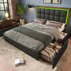 Lit avec Rangement 160x200 cm - Lit Double Capitonné avec 4 Tiroirs, Bandeau LED et Tête Réglable, Sans Matelas, PU, Noir>Okwish Outlet