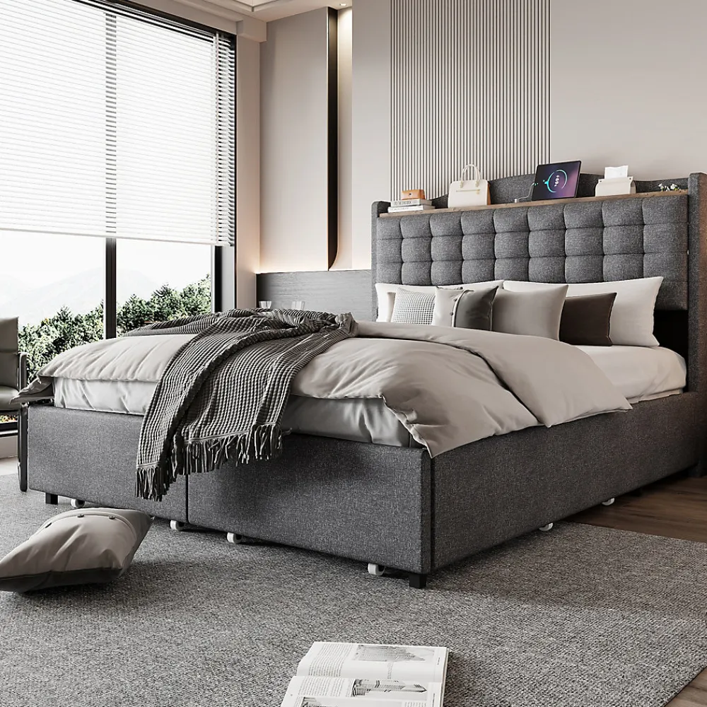 Lit avec Rangement 140x200 cm - Lit Double avec 4 Tiroirs, Port USB et Table de Chevet, Lin, Sans Matelas, Gris>Okwish