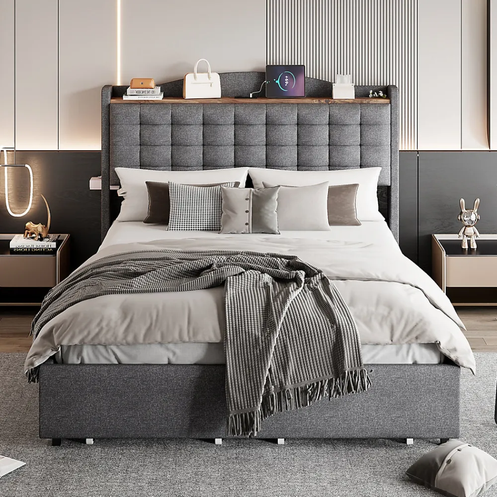 Lit avec Rangement 140x200 cm - Lit Double avec 4 Tiroirs, Port USB et Table de Chevet, Lin, Sans Matelas, Gris>Okwish
