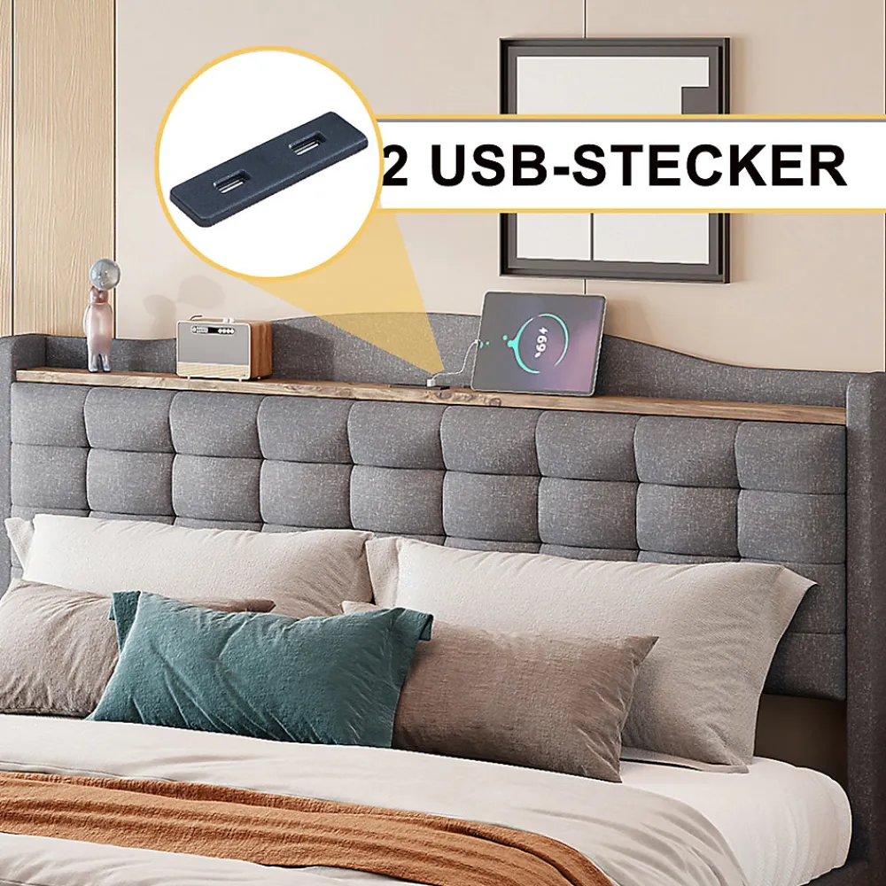 Lit avec Rangement 140x200 cm - Lit Double avec 4 Tiroirs, Port USB et Table de Chevet, Lin, Sans Matelas, Gris>Okwish