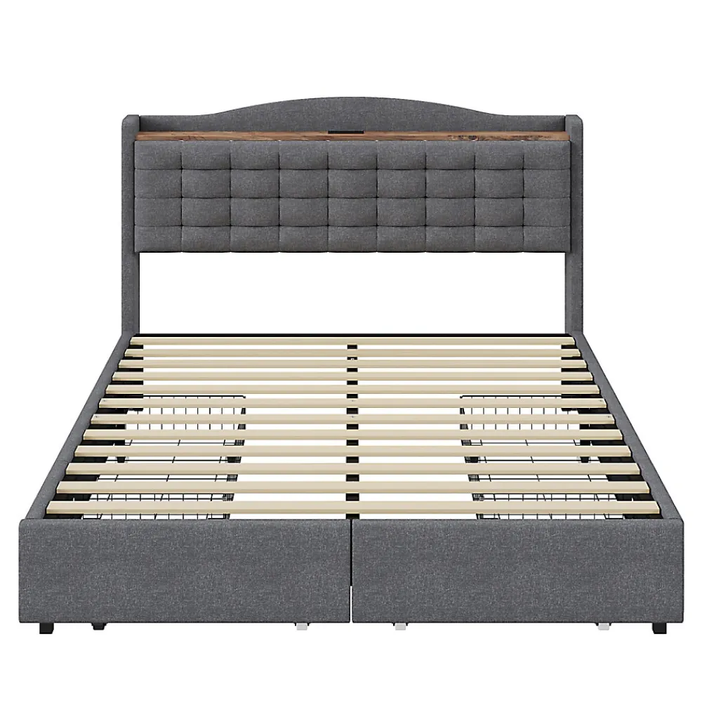 Lit avec Rangement 140x200 cm - Lit Double avec 4 Tiroirs, Port USB et Table de Chevet, Lin, Sans Matelas, Gris>Okwish