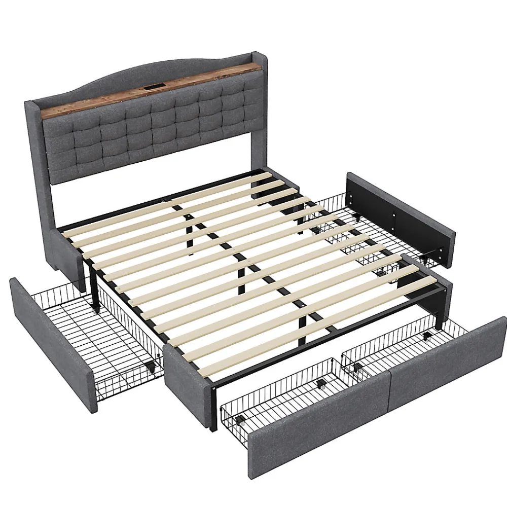 Lit avec Rangement 140x200 cm - Lit Double avec 4 Tiroirs, Port USB et Table de Chevet, Lin, Sans Matelas, Gris>Okwish