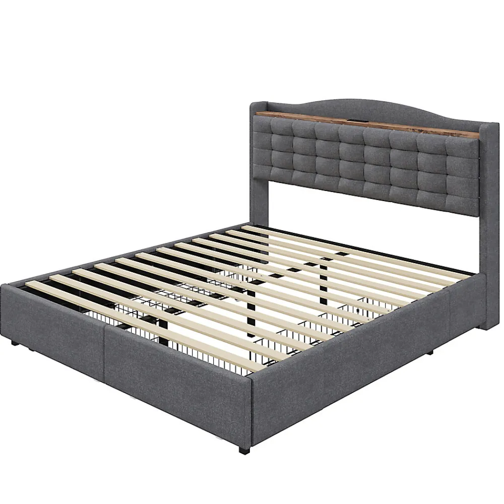 Lit avec Rangement 140x200 cm - Lit Double avec 4 Tiroirs, Port USB et Table de Chevet, Lin, Sans Matelas, Gris>Okwish