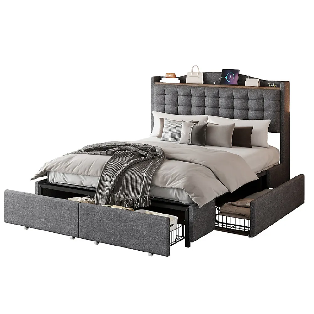 Lit avec Rangement 140x200 cm - Lit Double avec 4 Tiroirs, Port USB et Table de Chevet, Lin, Sans Matelas, Gris>Okwish