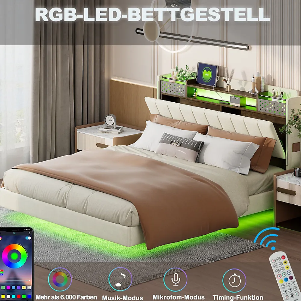 Lit avec rangement 140x200 cm - Lit double capitonné avec éclairage LED - lin + Métal - Sans matelas - Beige>Okwish Hot