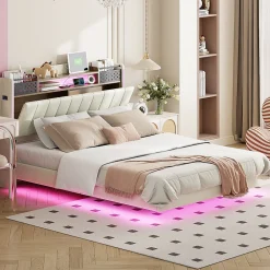 Lit avec rangement 140x200 cm - Lit double capitonné avec éclairage LED - lin + Métal - Sans matelas - Beige><noscript><img width=