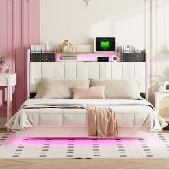 Lit avec rangement 140x200 cm - Lit double capitonné avec éclairage LED - lin + Métal - Sans matelas - Beige><noscript><img width=
