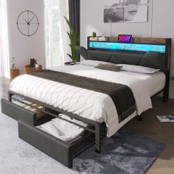 Lit avec rangement 140x200 cm - Lit double rembourré avec tiroirs et fonction de chargement USB - Lin - Sans Matelas - Gris>Okwish Best