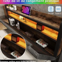 Lit avec rangement 140x200 cm - Lit double rembourré avec tiroirs et fonction de chargement USB - Lin - Sans Matelas - Gris><noscript><img width=