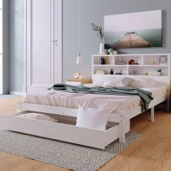 Okwish Lit avec rangement 140x200 cm - Lit double avec tiroirs et tête de lit - Pin massif + MDF - Sans Matelas - Blanc* Lit Avec Rangement