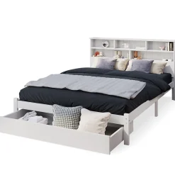 Okwish Lit avec rangement 140x200 cm - Lit double avec tiroirs et tête de lit - Pin massif + MDF - Sans Matelas - Blanc* Lit Avec Rangement