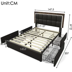 Okwish Lit avec Rangement 140x200 cm - Lit Double Capitonné avec 4 Tiroirs, Bandeau LED et Tête Réglable, Matelas Inclus, PU, Noir* Ensemble Sommier Et Matelas