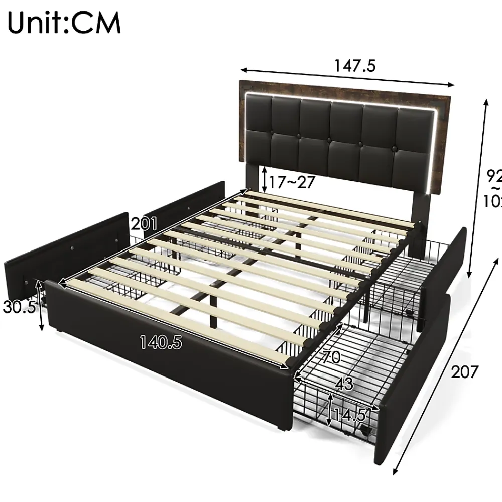 Okwish Lit avec Rangement 140x200 cm - Lit Double Capitonné avec 4 Tiroirs, Bandeau LED et Tête Réglable, Matelas Inclus, PU, Noir* Ensemble Sommier Et Matelas
