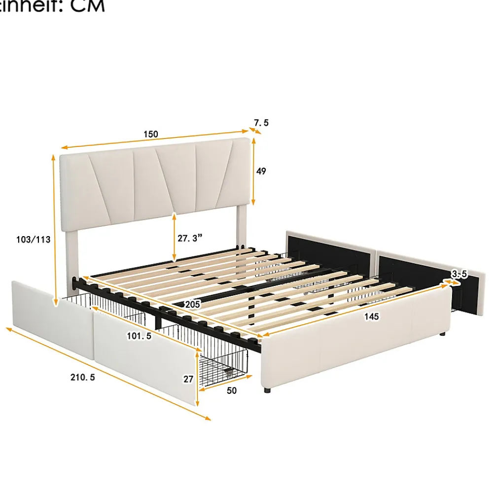 Lit avec rangement 140x200 cm - Lit rembourré avec tête de lit réglable et 4 tiroirs - Velours - Sans matelas - Beige>Okwish Sale