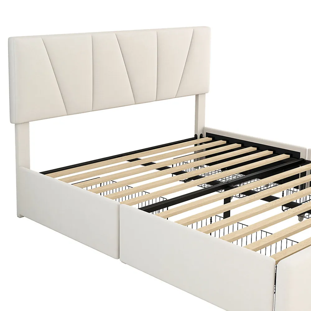 Lit avec rangement 140x200 cm - Lit rembourré avec tête de lit réglable et 4 tiroirs - Velours - Sans matelas - Beige>Okwish Sale