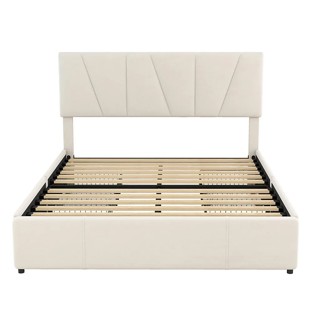 Lit avec rangement 140x200 cm - Lit rembourré avec tête de lit réglable et 4 tiroirs - Velours - Sans matelas - Beige>Okwish Sale