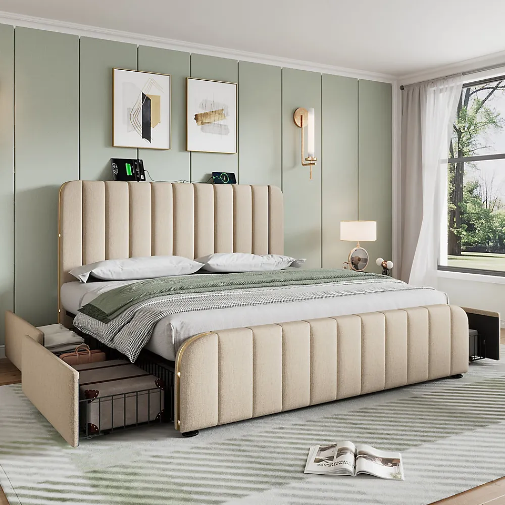 Lit avec rangement 180x200 cm - Lit double rembourré avec fonction USB Type-C et 4 tiroirs - Lin - Sans Matelas - Beige>Okwish Online
