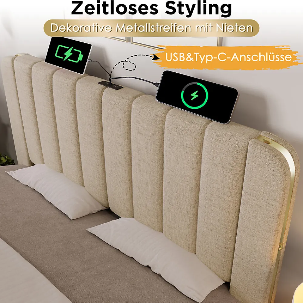 Lit avec rangement 180x200 cm - Lit double rembourré avec fonction USB Type-C et 4 tiroirs - Lin - Sans Matelas - Beige>Okwish Online