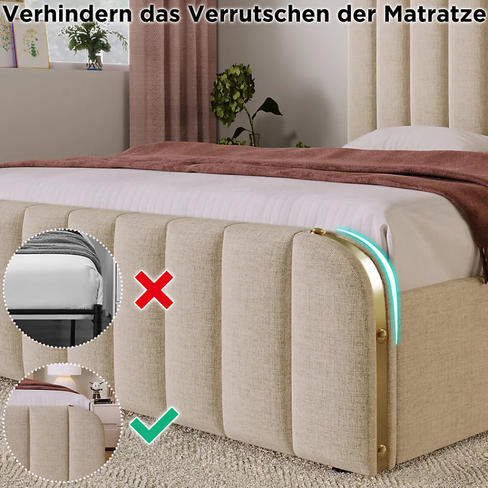 Lit avec rangement 180x200 cm - Lit double rembourré avec fonction USB Type-C et 4 tiroirs - Lin - Sans Matelas - Beige>Okwish Online