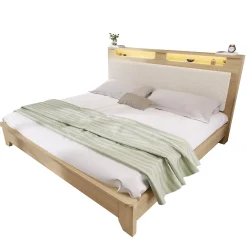 Okwish Lit avec Rangement 160x200 cm - Lit Double en Bois avec Velours Côtelé et LED - Sans Matelas - Chêne Clair et Beige* Lit Avec Rangement