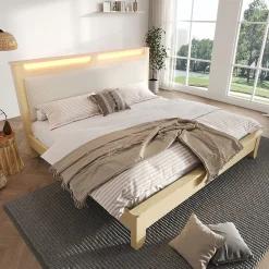 Okwish Lit avec Rangement 160x200 cm - Lit Double en Bois avec Velours Côtelé et LED - Sans Matelas - Chêne Clair et Beige* Lit Avec Rangement