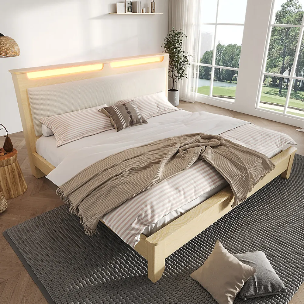 Okwish Lit avec Rangement 160x200 cm - Lit Double en Bois avec Velours Côtelé et LED - Sans Matelas - Chêne Clair et Beige* Lit Avec Rangement