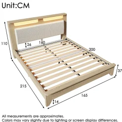 Okwish Lit avec Rangement 160x200 cm - Lit Double en Bois avec Velours Côtelé et LED - Sans Matelas - Chêne Clair et Beige* Lit Avec Rangement